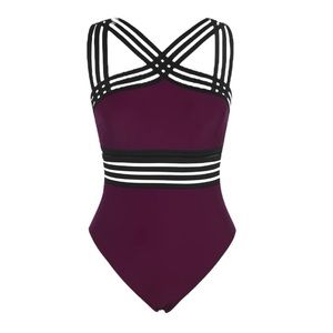 Hilor Burgundy Black Mesh Front Crossover One Piece Swimsuit Large 10-12 NWT